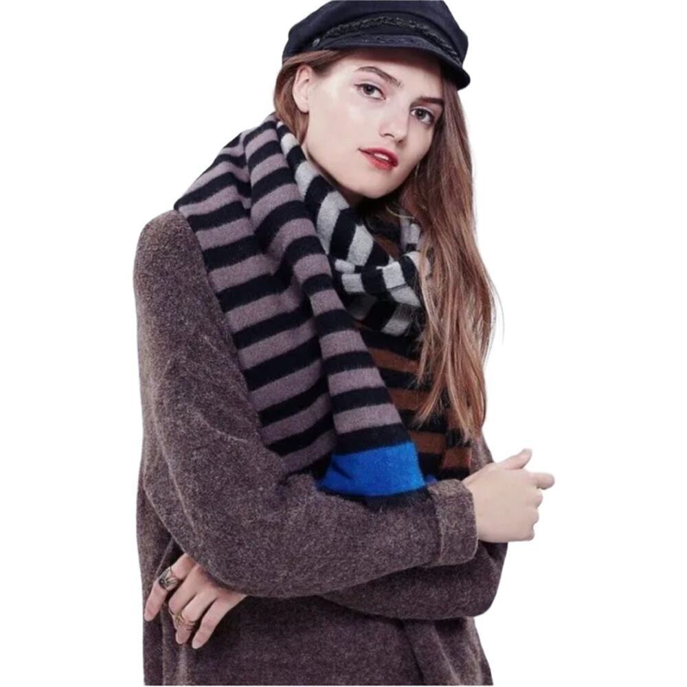 Free People Kellen Winter Oversized Scarf Striped Blue Brown Black Gray 25 X 78 - Picture 10 of 10